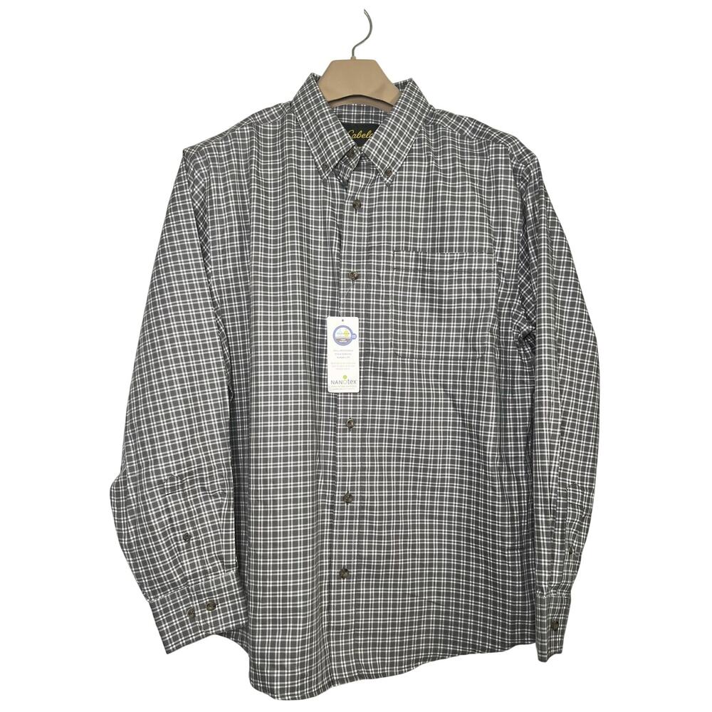 Cabela's Button Down Size LARGE Gray White Check Shirt Nanotex NWT Long Sleeve